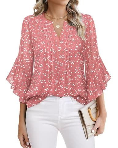 Timeson Womens Dressy Tops: 3/4 Sleeve - Work Blouses for Women - Shirts for Women Dressy Casual Fall Cute Ladies Business Attire Chiffon Professional Office Outfits Polyester Tunics Spotted Pink XL - Image 1