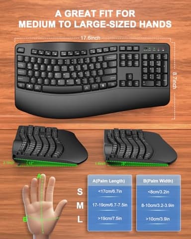 QUASIO Ergonomic Wireless Keyboard with Wrist Rest, Wave Keys, Comfortable Natural Typing, 2.4GHz Full Size Ergo Wireless Computer Keyboard for Multi-OS, Windows, Mac OS Laptop/PC/Notebook (Black - Image 7