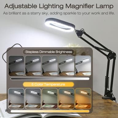 10X Square Magnifying Glass with Light and Stand, Real Glass Lighted Magnifier Hands Free, 5 Color Modes, Brightness Stepless Dimming, 2-in-1 Desk Lamp with Clamp for Close Work, Craft, Hobby, Reading - Image 3