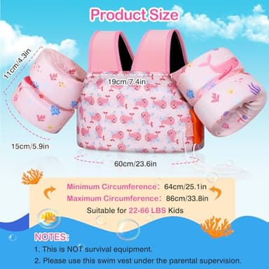 MoKo Toddler Swim Vest for Kids, Swim Arm Floaties 22-66lbs Cartoon Swimming Water Wings Pool Float Vests Sleeves Shoulder Straps Arm Band for Children Learn to Swim, Pink & Whale - Image 3