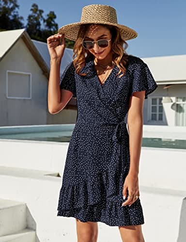 Naggoo Women's Summer Wrap V Neck Polka Dot Print Ruffle Short Sleeve Mini Dress with Belt Navy Blue S - Image 3
