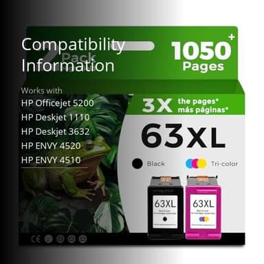 63XL Ink Cartridges Black and Color Combo Pack Replacement for HP 63 XL Fit for HP63 3830 4650 4652 4655 5200 5252 5255 5258 4520 4512 1112 2132 3630 3632 3631 2130 4510 4654 Printers BK and Tricolor - Image 3