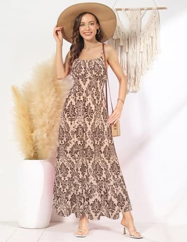 Womens Dresses 2025 Spring Maxi Dress Casual Square Neck Floral Tiered Flowy Aline Vacation Beach Dress Brown Floral XXL - Image 4