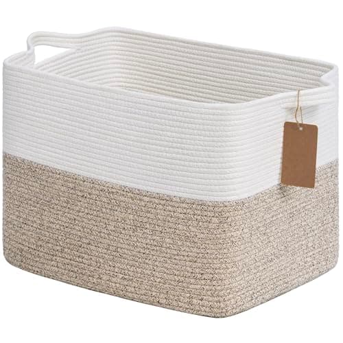 Goodpick Woven Storage Baskets for Organizing, Blanket Basket Living Room, Rope Baskets for Storage, Rectangle Toy Basket With Handles, Brown and White, 18 x 14 x 12 Inches - Image 1