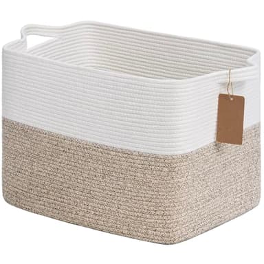 Goodpick Woven Storage Baskets for Organizing, Blanket Basket Living Room, Rope Baskets for Storage, Rectangle Toy Basket With Handles, Brown and White, 18 x 14 x 12 Inches - Image 1