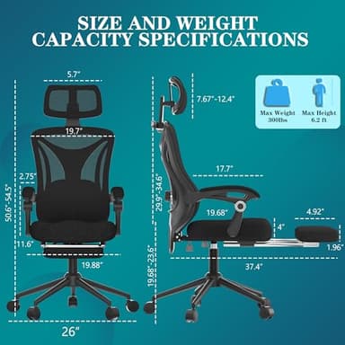 CYKOV Ergonomic Office Chair - Adjustable Lumbar & Headrest, 90-160° Reclining with Footrest, Breathable Mesh Back - Home Office/Gaming Computer Chair (Black, 300lbs Capacity) - Image 2