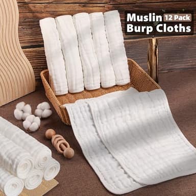 BHYTAKI 12-Pack Muslin Burp Cloths for Baby Boys & Girls, 20"X10" Essentials Large 100% Cotton Burp Rags, 6 Layers Extra Absorbent and Soft burping Cloths for Babies (White) - Image 6