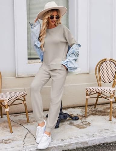 Ekouaer Waffle Knit Lounge Sets for Women Long Sleeve Pajamas Set with Pockets 2 Pieces Outfits Top and Pants Light Grey - Image 6