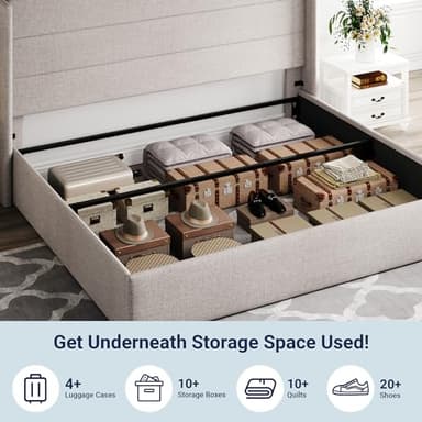 Allewie King Size Lift Up Storage Bed, Modern Wingback Headboard, Hydraulic Support, No Box Spring Needed, Light Beige - Image 3