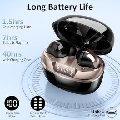 Wireless Earbuds, Bluetooth 5.4 Headphones in Ear, True Wireless Ear Buds HiFi Stereo Deep Bass with 4 ENC Noise Cancelling Mic, Bluetooth Ear Buds 47H Long Playtime LED IP7 Waterproof USB-C (Black) - Image 4