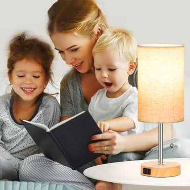 Set of 2 Table Lamps for Bedroom, 2700K/4000K/5000K Bedside Lamp Nightstand Lamp with Pull Chain and AC Outlet, Table Lamp for Living Room Reading Kids Room Wood Grain (8W LED Bulbs Included). - Image 4