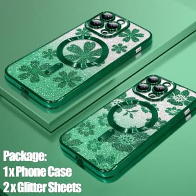 Illians Phone Cover Case Fit for iPhone 14 Pro Max Green | Compatible with MagSafe, Glitter Case, with Camera Protector, 2 Pieces of Flowers Floral Design, Soft, Shockproof, Anti-Scratch, for Women - Image 2
