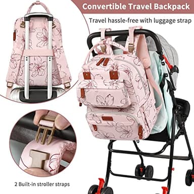 Diaper Bag Backpack, Baby Girl Diaper Bag for Mom, Large Pink Floral Diaper Bag Backpack for Girls, Waterproof Mom Backpack for Work Travel Holiday with Insulated Pockets and Stroller Straps - Image 6