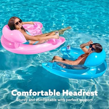 SLOOSH Inflatable Pool Floats Adult,2 Pack Pool Chairs with Cup Holders,Pure Blow up Floats Chair,Hammock Noodle Mat for Relaxing Summer Water Fun Swimming Party Beach,Blue,Pink - Image 2