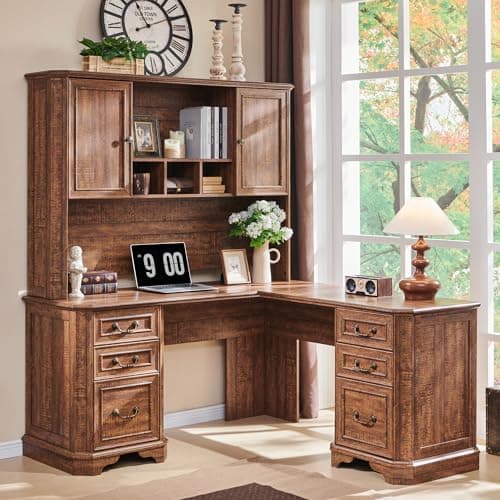 T4TREAM 59" Executive L Shaped Desk with Hutch,Victorian Wood Computer Desk, Featuring Charging Station,File Drawer, Storage Cabinet,for Home Office Work and Study (Reclaimed Barnwood) - Image 1