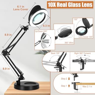 Veemagni 10X Magnifying Glass with Light and Stand, 2-in-1 LED Magnifying Desk Lamp with Clamp & Lens Cover, 3 Color Modes Stepless Dimmable Hands Free Lighted Magnifier for Crafts Reading Painting - Image 6