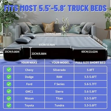 sanheshun Car Air Mattress, Camping Pickup Truck Air Mattress, 5.5-5.8FT Pickup Truck with Electric Pump and Two Pillows - Flocking and PVC, Sleeper Bed for Home, Outdoor and Travel - Image 2
