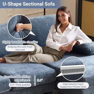 VINGLI 110" Sectional Couches for Living Room,U Shaped Couch with Double Chaise, 4-Seat Sofa Set with Corduroy Fabric for Home Furniture,Ocean Blue - Image 7