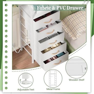 Furnulem 5 Drawers Dresser with Charging Station, Tall Night Stand with Open Shelf, Storage Tower with PVC & Fabric Drawer, Bedside Table for Bedroom, Closet, Entryway, 3 Ways to Use, White - Image 7