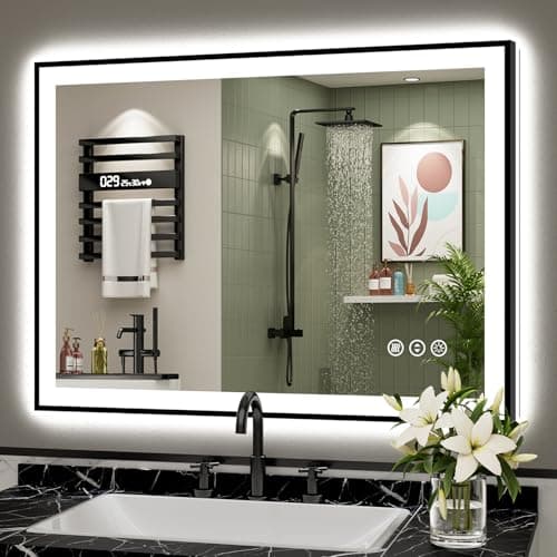 AWANDEE 40x30 Black Framed LED Bathroom Mirror with Lights, Backlit + Front Lit, Anti-Fog Lighted Vanity Mirror for Bathroom Wall with 3 Colors, Dimmable, Memory, Tempered Glass, Horizontal/Vertical - Image 1