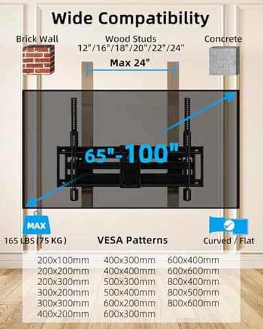 HOME VISION Full Motion Long Arm TV Wall Mount Bracket, Fits 75, 80, 85, 86, 98, 100 inch Flat or Curved TVs Up to 800x600 VESA & 165LBS, TV Mount with Full Motion, Swivel, Tilt, Extension, Heavy Duty - Image 2