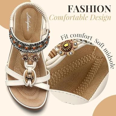 Littleplum Womens Sandals Arch Support Bohemian T-Strap Flower Rhinestone Sandals Women's Non Slip Summer Beach Flat Sandals Cream White Size 7 - Image 4
