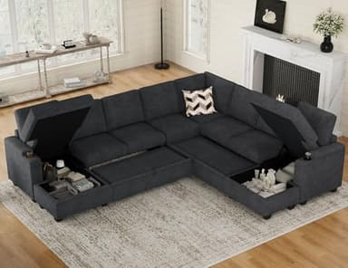 Belffin Oversized Sleeper Sofa U Shaped Modular Sectional Couch with Double Storage Chaise Convertible Sofa Bed. Dark Grey Couch - Image 3