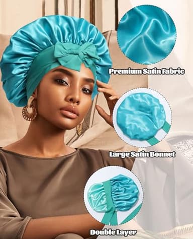 Satin Bonnet Silk Bonnet for Sleeping Silk Sleep Cap Double Layer Hair Bonnet with Elastic Tie Band for Curly Hair Night Cap (Peacock green+Wheat green) - Image 5