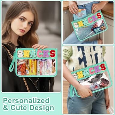 Snack Bag for Travel - Clear Chenille Varsity Letter Flat Pouch with Zipper, Waterproof Clear PVC&PU Preppy Patch Makeup Cosmetic tote Bags for Women (Green-Snacks) - Image 4