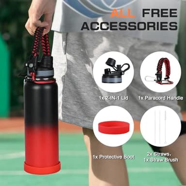 GAZLEMHO 40 oz Insulated Water Bottle with Straw& Spout 2-in-1 Lid, Triple Wall Vacuum Stainless Steel Cold 48H, Leak Proof Sports Metal Flask Jug with Paracord Handle, Black Red - Image 6