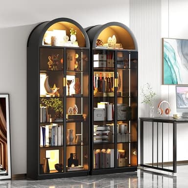 Dystler Display Cabinet with Doors and Adjustable Shelves, 76" Tall Display Case with LED Lights/Arch Storage Space, 6 Tier Bookcase for Collectibles Bedroom Living Room Office, Black - Image 8