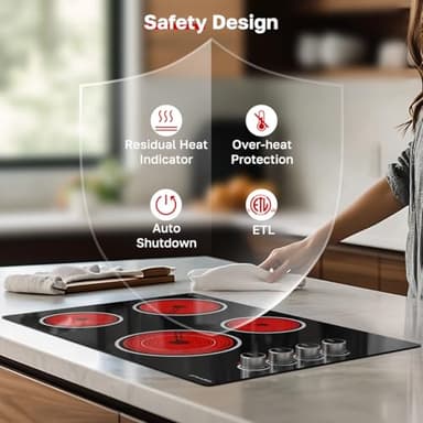 ThermoMate 30 Inch Electric Cooktop, 4 Burners Knob Control Built-in Ceramic Cooktop, 30" Radiant Electric Stove Top of 6700W with 9 Heat Levels, Hot Surface Indicator, 220-240v, Hard Wired - Image 6