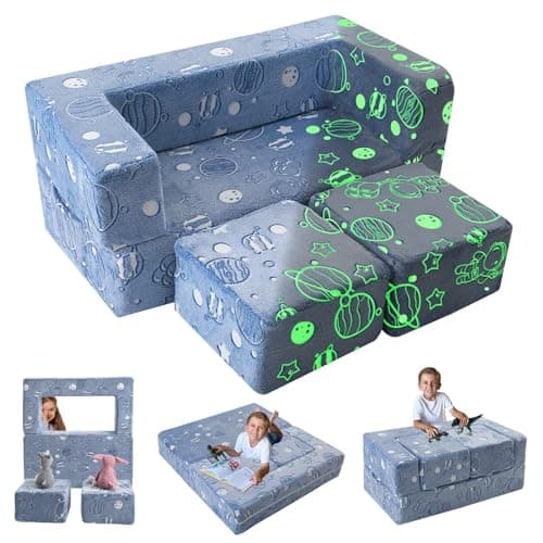 MeMoreCool Modular Kids Sofa, Glow in The Dark Space Kids Play Couch Sofa, Blue Fold-Out Foam Lounger Chair for Girls and Boys, Bedroom and Playroom - Image 1