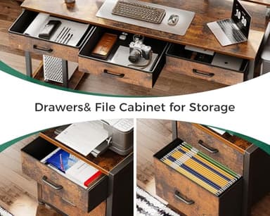 AODK 55 Inch Computer Desk with 3 Drawers and File Cabinet for Storage, Office Desk with Monitor Stand and LED Lights, Home Office Desks, Vintage - Image 6