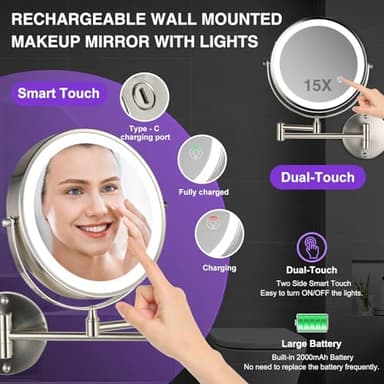 GREENFROM Magnifying Mirror with Lights 1x/15x: 8.5" Double Sided Wall Mounted Lighted Makeup Mirror for Bathroom, Brushed Nickel - Image 2