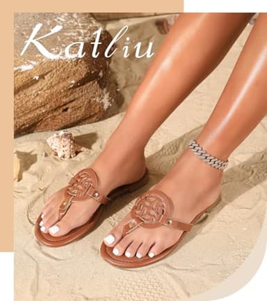 katliu Women's Flat Sandals Flip Flop Sandals Comfortable Dressy Thong Sandals Brown 10 - Image 6