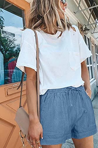 ONLYSHE Womens Ladies Frayed Raw Hem Tencel Drawstring Casual Elastic Waist Denim Jean Shorts for Girl with Pockets Blue-M - Image 4