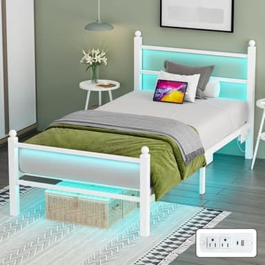 Gohapnis Twin Bed Frames with Headboard and Footboard,White Metal Platform Bed Frame with RGB LED Lights and USB Charging Station,Under Bed Storage,No Box Spring Needed,Suitable for Bedrooms - Image 1