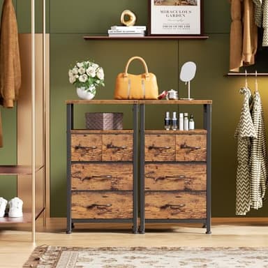 Furnulem Dresser for Bedroom, Tall Nightstand, Bedside Table with Charging Station, LED Light, Fabric Bins, Night Stand with Wood Shelf, Small Furniture for Entryway, 33 Inch (4 Drawer, Rustic Brown) - Image 2