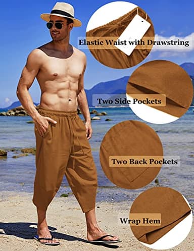 COOFANDY Mens Linen Beach Pants 3/4 Harem Capri Trousers Casual Summer Hippie Yoga Shorts Drawstring Aladdin Hippie Pants Brown - Image 5