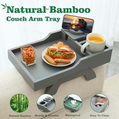 Couch Cup Holder, 4-in-1 Side Couch Arm Tray with Phone Holder, Sofa Clip on Side Table for Wide Couches Arm, Suitable for Home Drinks/Remote/Snacks-Grey - Image 4