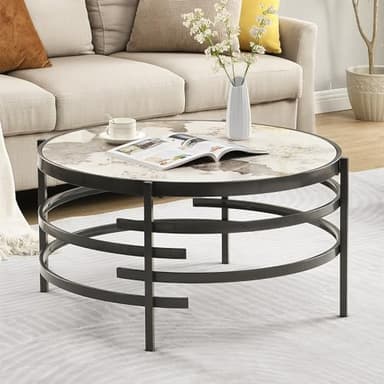 Round Coffee Table Living Room - LifeSky 32" Faux Marble Circle Center Table Stone Metal Grey - Image 1