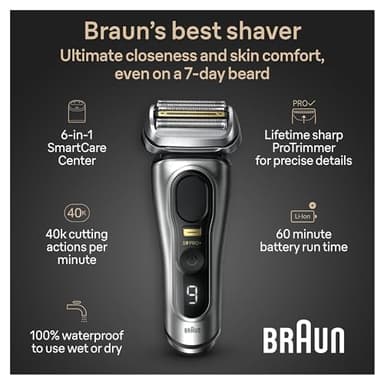 Braun Series 9 PRO+ Electric Razor for Men, 5 Pro Shave Elements & Precision Long Hair Trimmer, 6in1 SmartCare Center, Wet & Dry Electric Razor for Smooth Skin with 60min Battery Runtime, 9567cc - Image 3