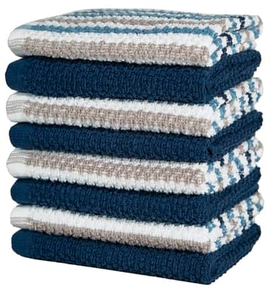 Bumble Premium Dish Cloths Towel 12"x12" | 100% Natural Ring Spun Cotton Tea Towel Set | 430 GSM | Highly Absorbent & Soft Dish Towels | 8 Pack - 4 Popcorn Wide Striped & 4 Solid Kitchen Towels - Blue - Image 5