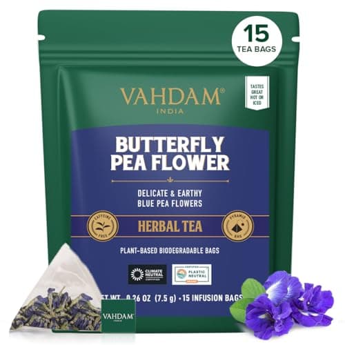 VAHDAM, Butterfly Pea Flower (15 Pyramid Bags) Vegan, Non-GMO | Delicate & Earthy | Direct From Source – Plant-Based Biodegradable | Brew Iced Tea, Cooking, Mocktails & Cocktails - Image 1