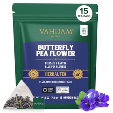 VAHDAM, Butterfly Pea Flower (15 Pyramid Bags) Vegan, Non-GMO | Delicate & Earthy | Direct From Source – Plant-Based Biodegradable | Brew Iced Tea, Cooking, Mocktails & Cocktails - Image 1