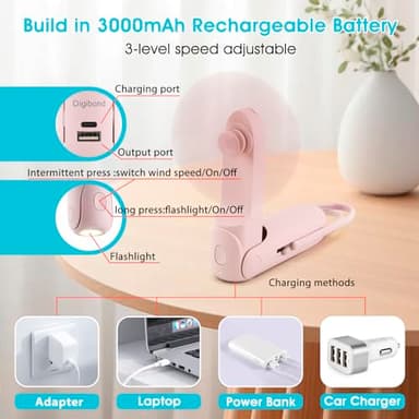 Digibond Pink Handheld Fan, Portable Fan Bullet Shape 3000mAh USB Rechargeable Battery Operate 6 IN 1 Personal Fan Foldable Lightweight Travel Essential with Power Bank/Lanyard 3 Speed - Image 4