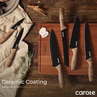 CAROTE 12PCS Knife Set, Stainless Steel Kitchen Knife Set with Nonstick Ceramic Coating Dishwasher Safe with 6 Blade Guards, Rustproof, Black - Image 6