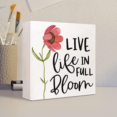 Live Life In Full Bloom Wood Sign - Rustic Flowers Spring Wood Block Plaque Box Sign For Farmhouse Home Dining Room Garden Shelf Tabletop Decoration - Image 4
