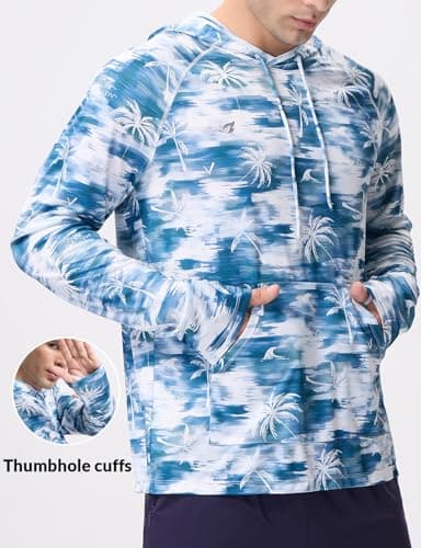 baleaf Swim Shirts Men Rash Guard Long Sleeve Sun Protection Hoodie UV Lightweight Athletic Running with Kangaroo Pocket Blue Coconut L - Image 4